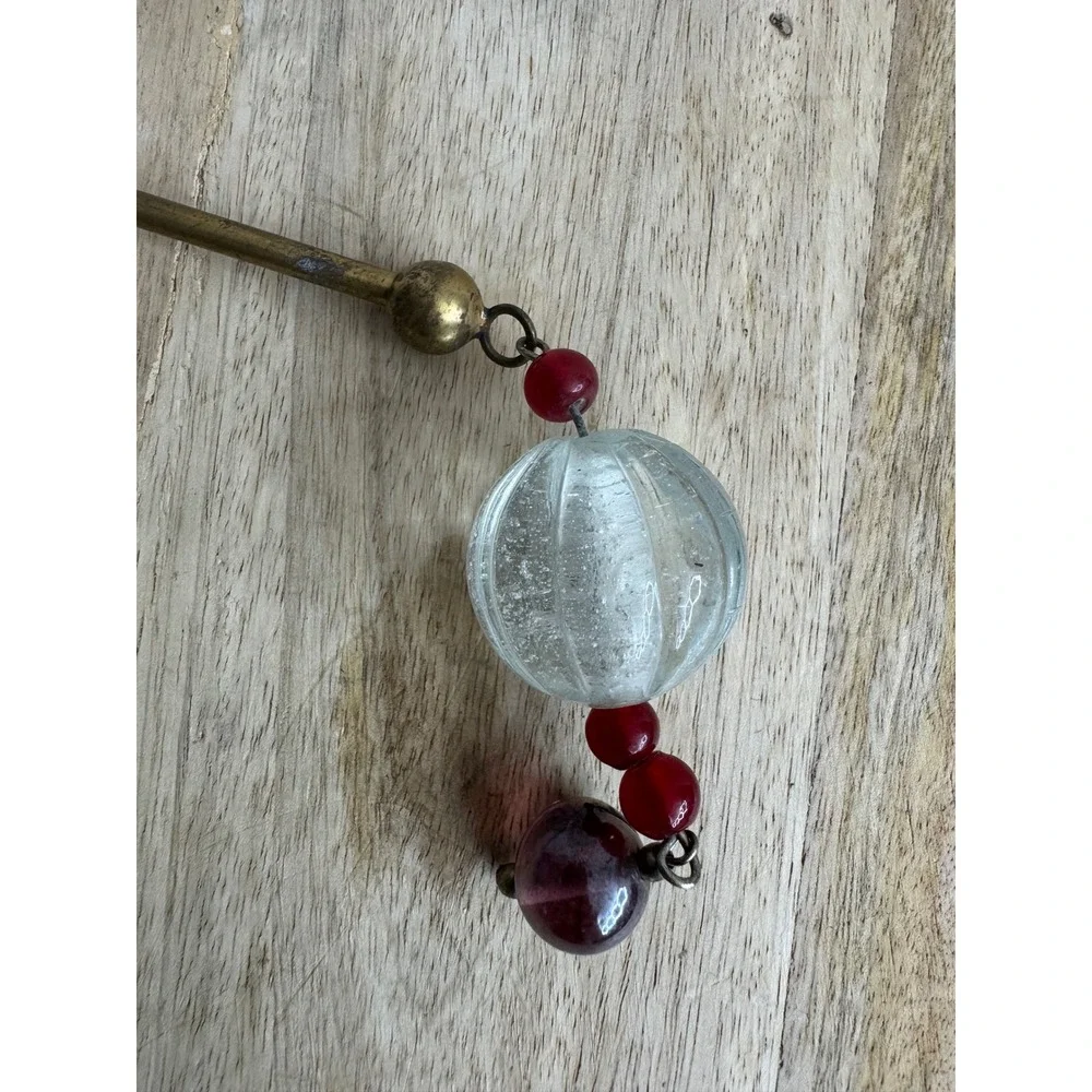 Vintage‎ Brass Candle Snuffer Beaded Glass Handle Hinged Bell 10 Inch Gold Red